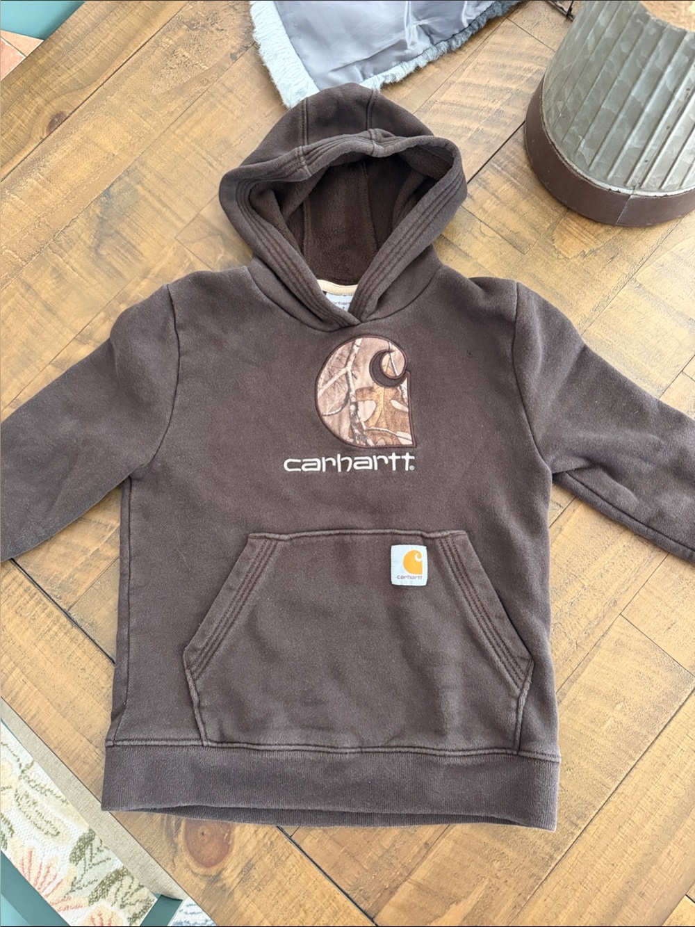Carhartt Kids Brown Hoodie with Camo Logo Accent